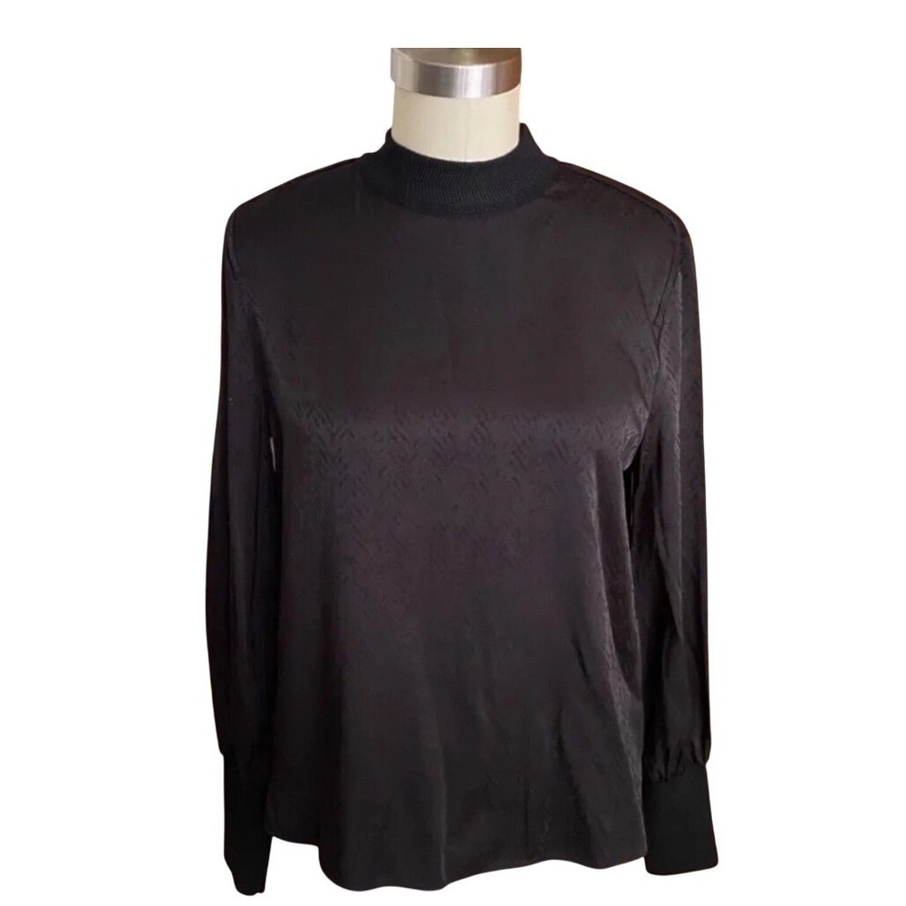 rag bone Black Letti Blouse Long Sleeve Mock Neck Chevron Pattern Size Small NWT